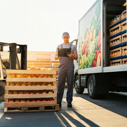 Food Distribution worker loading trailer with mobile dimensioning software.